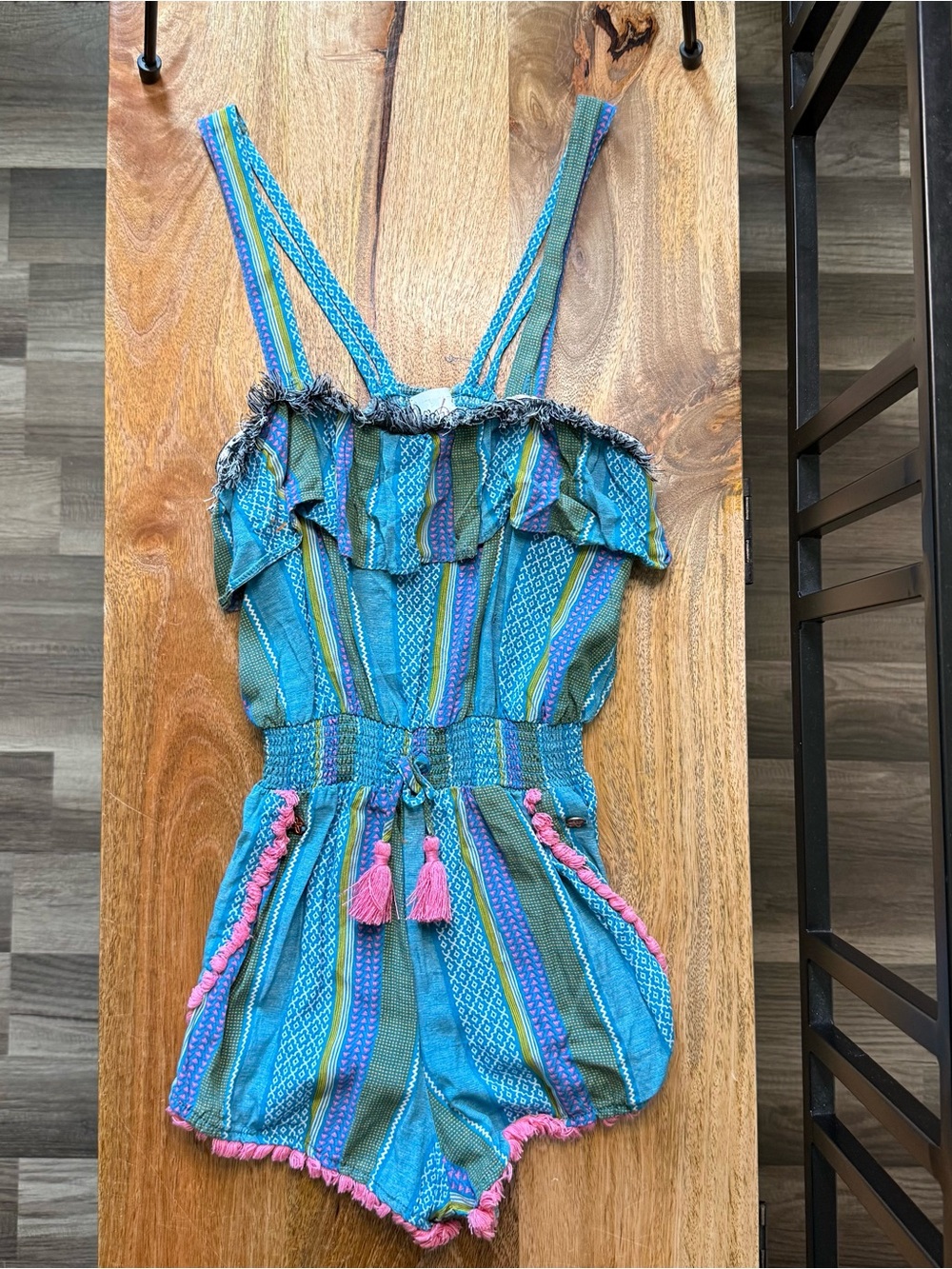 Matilda Jane Turquoise Striped Romper with Pink Tassels